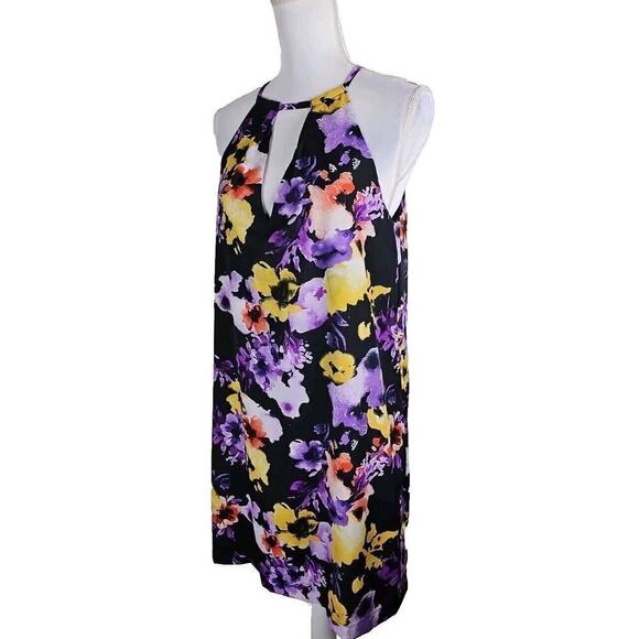 BEIGE by ECI ~Woman Size L~Black/Multi Floral Print Shift Halter Dress Lined NWT - Picture 1 of 9